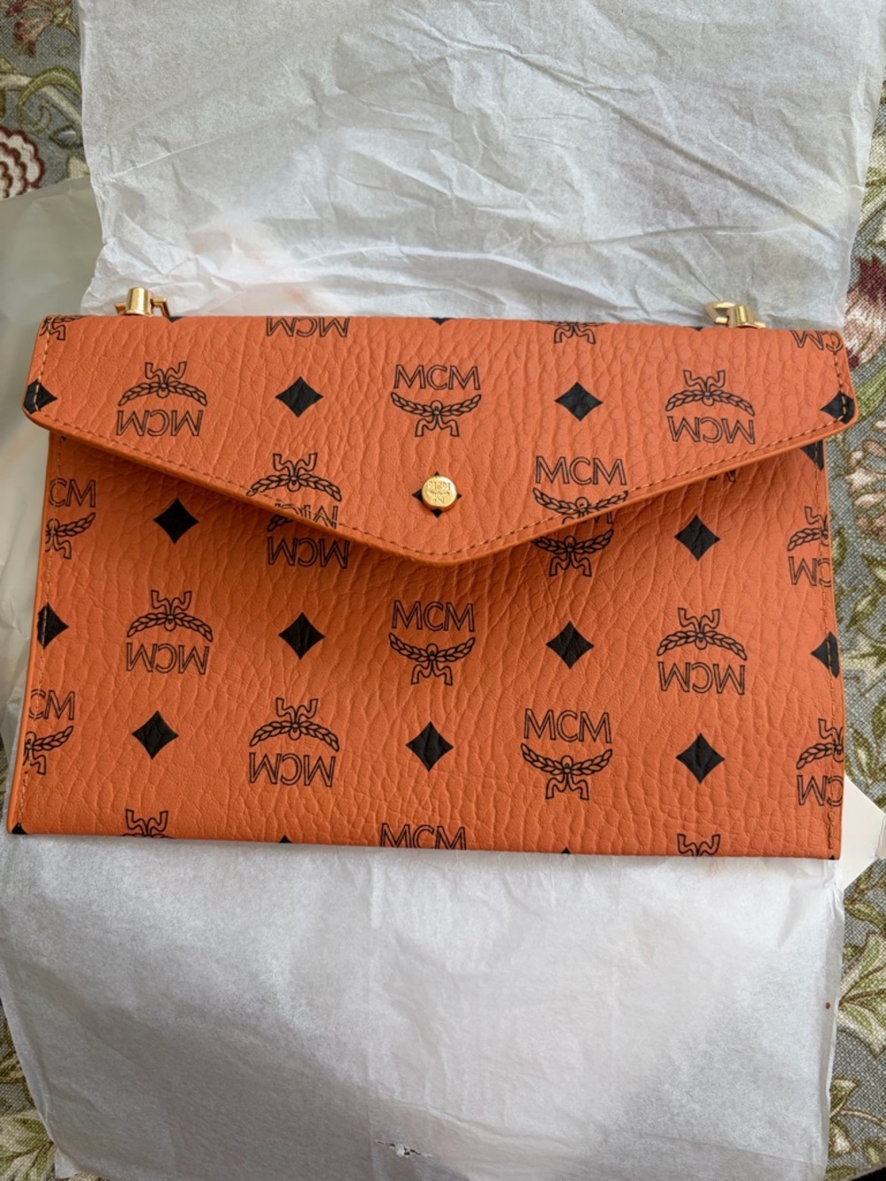 MCM Orange Logo-Print Envelope Clutch with Gold Hardware